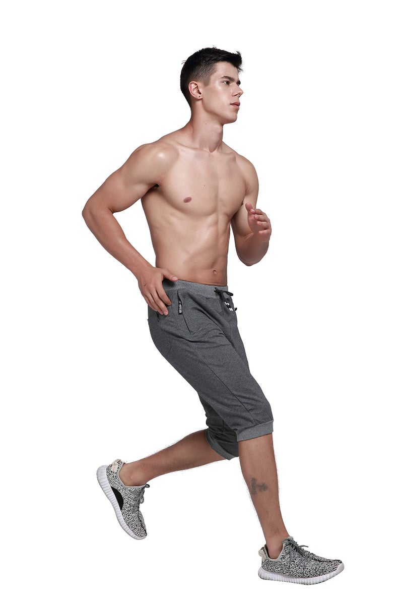 YSENTO Men's Cotton Casual 3/4 Jogger Running Capri Pants Below Knee Gym Workout Shorts Zipper Pockets Dark Grey 34 - Image 3